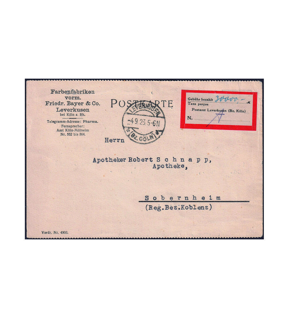Lokalausgabe Leverkusen Geb�hrenzettel von 1923 auf Postkarte Leverkusen 4.9.23