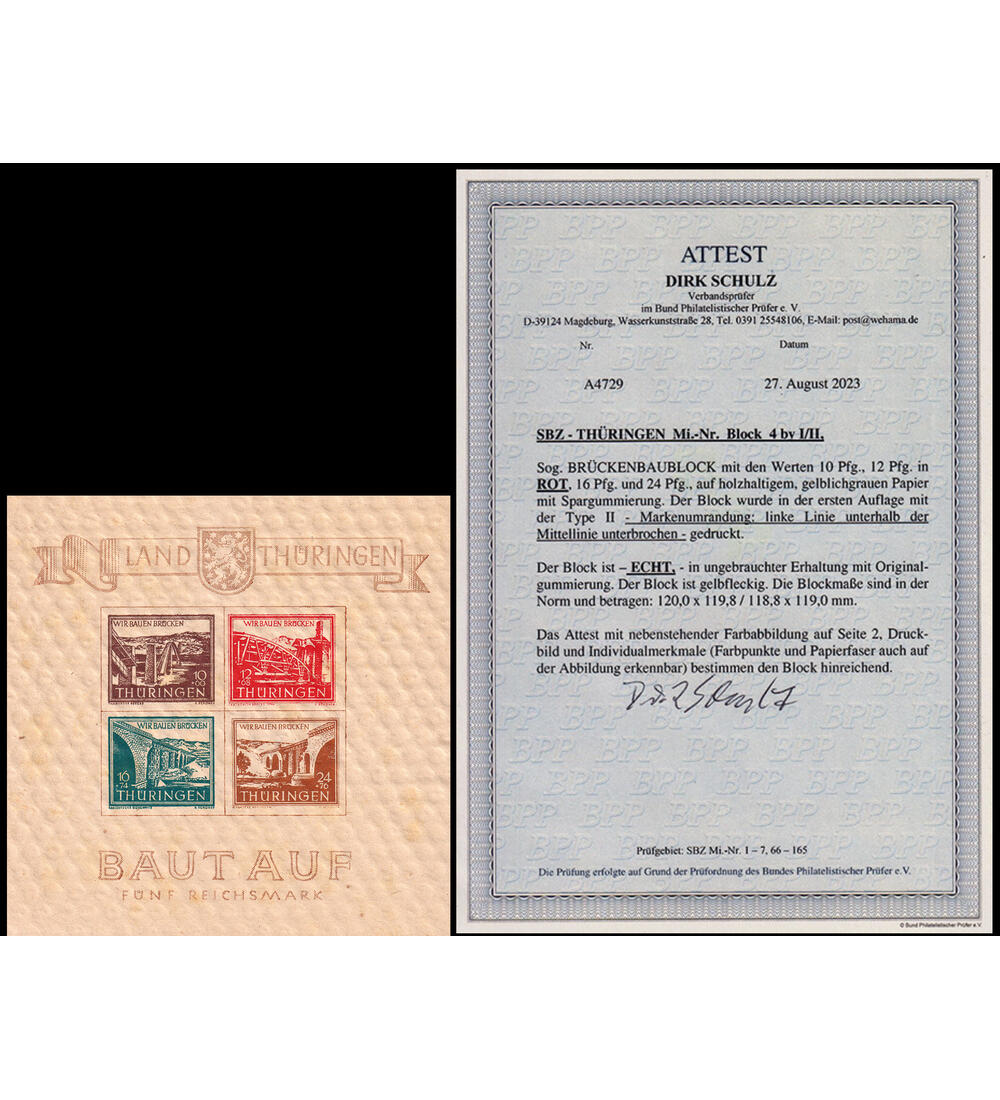 SBZ - Block 4 by I/II postfrisch mit Farbfotoattest Schulz Br�ckenbaublock