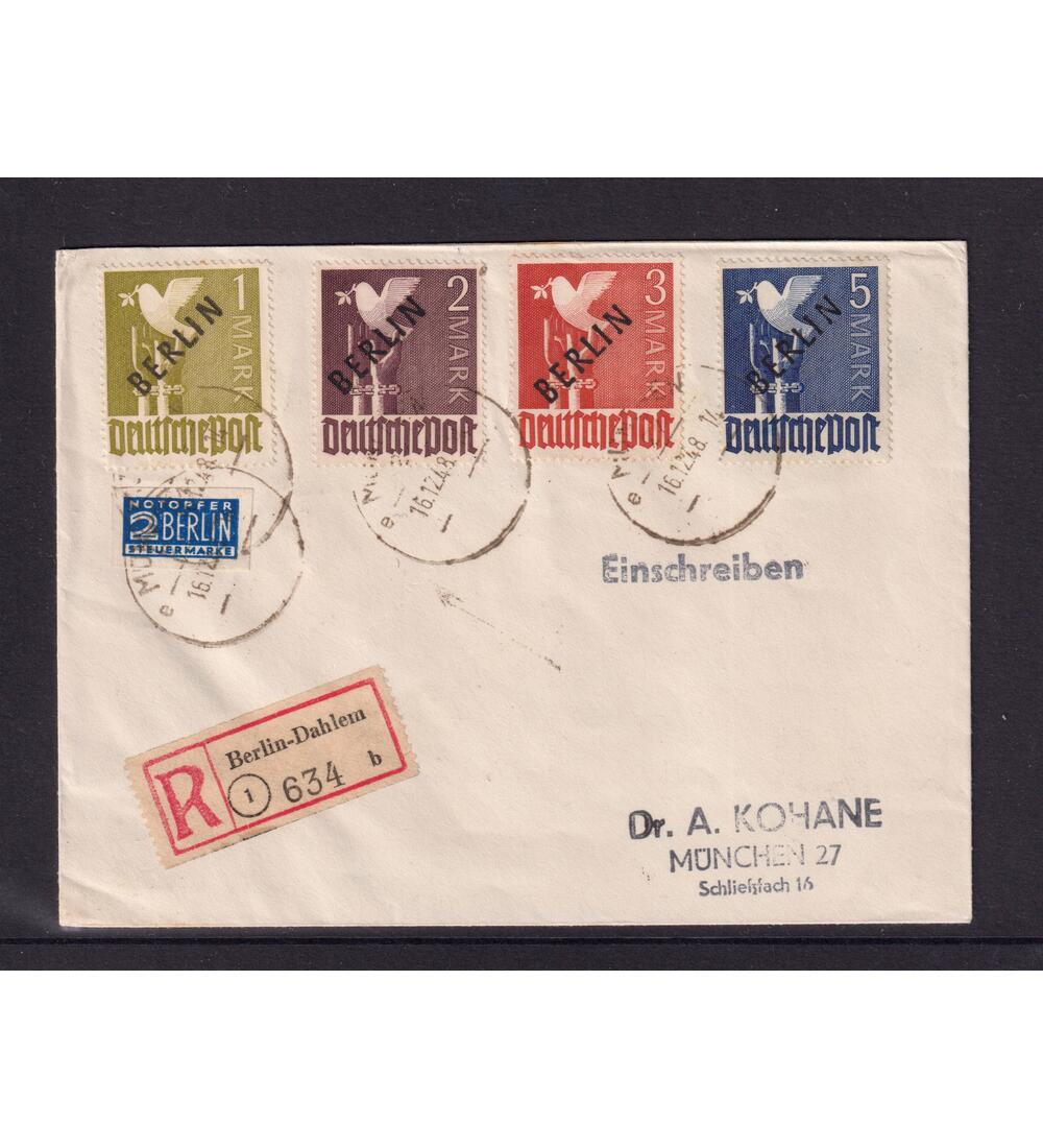 Berlin Schwarzaufdruck Nr. 17-20 auf echt gelaufenem Einschreibebrief