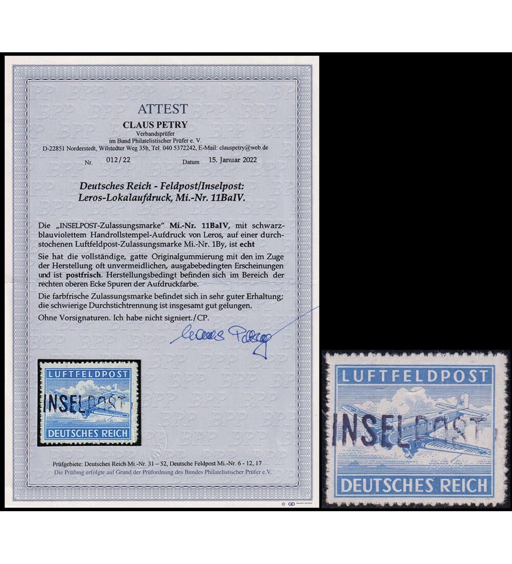 Dt. Reich Inselpost Nr. 11 B a postfrisch mit Farbfotoattest Petry