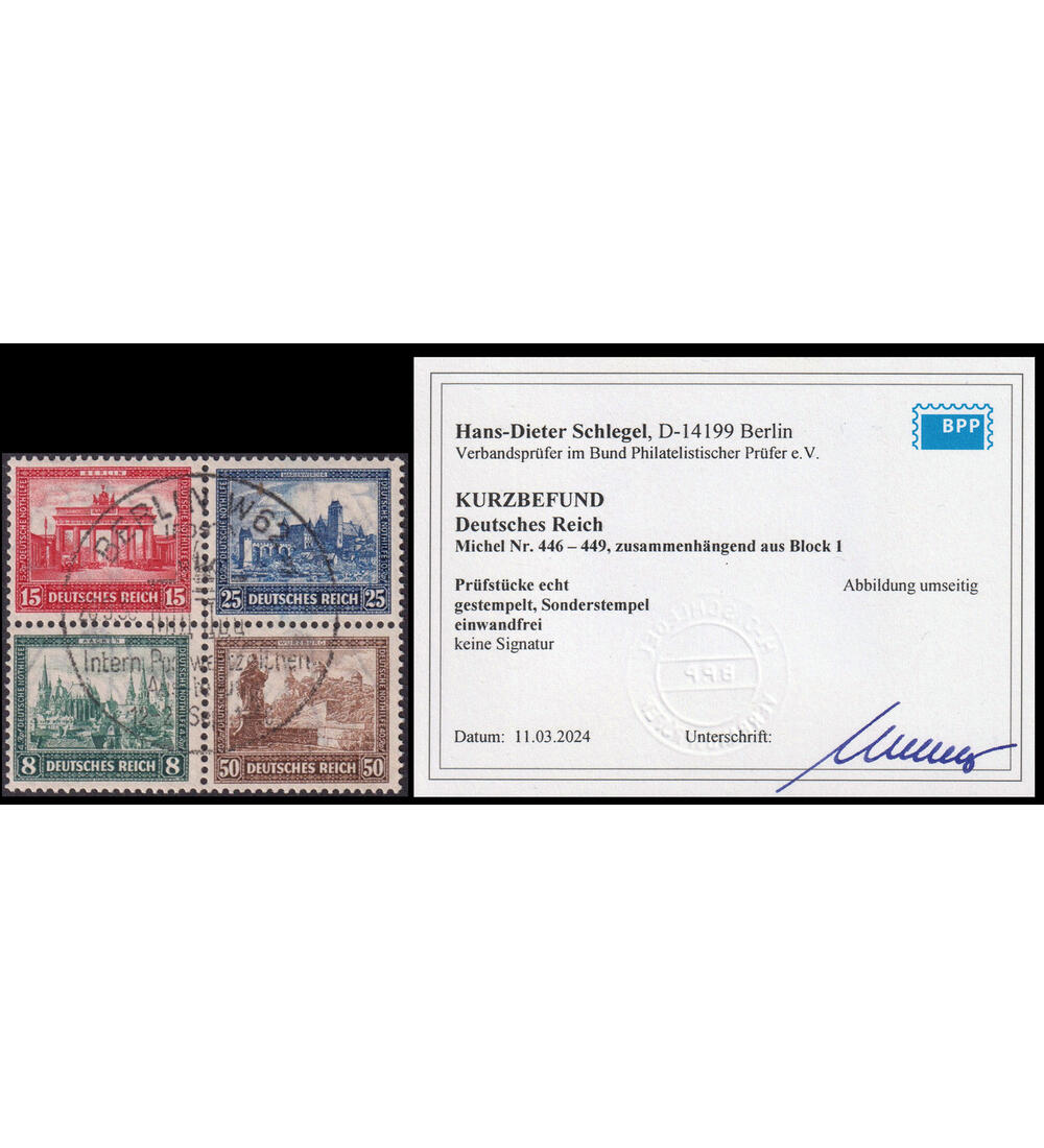 Deutsches Reich IPOSTA 1930 Nr. 446-449 gestempeltes Herz- st�ck mit Kurzbefund Schlegel