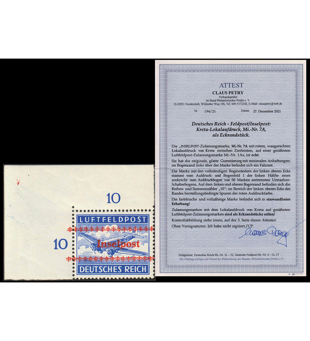 Deutsches Reich Feldpost Kreta Nr. 7 A kleine Falzstell im Bogenrand Farbfotoattest Petry