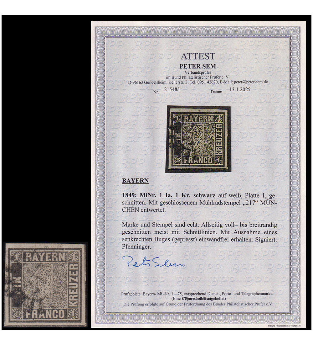 Bayern Nr. 1 I a entwertet M�hlradstenpel M�nchen mit Farbfotoattest Sem