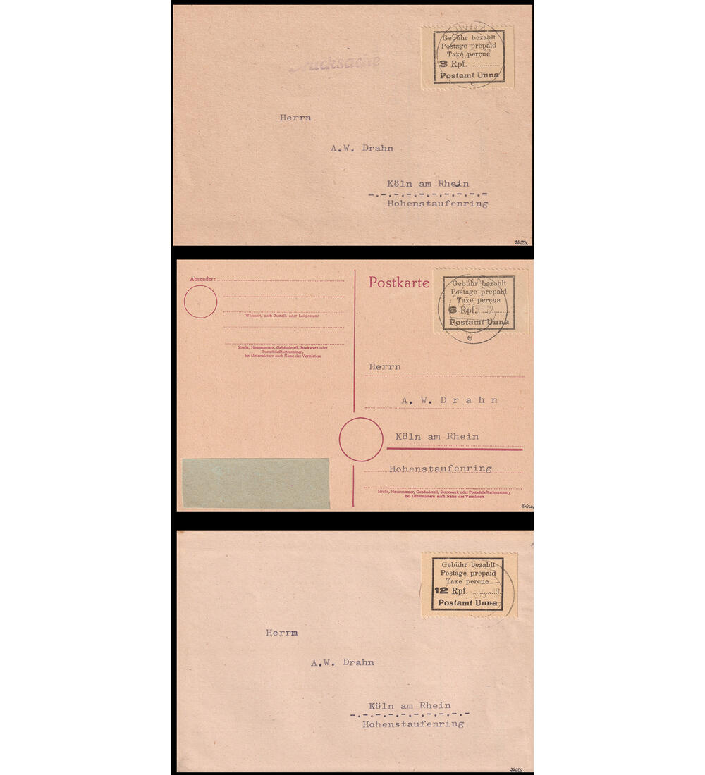 Lokalausgabe Unna 3 Geb�hrenzetterl von 1945 auf Beleg von 3 bis 12 Pfennig
