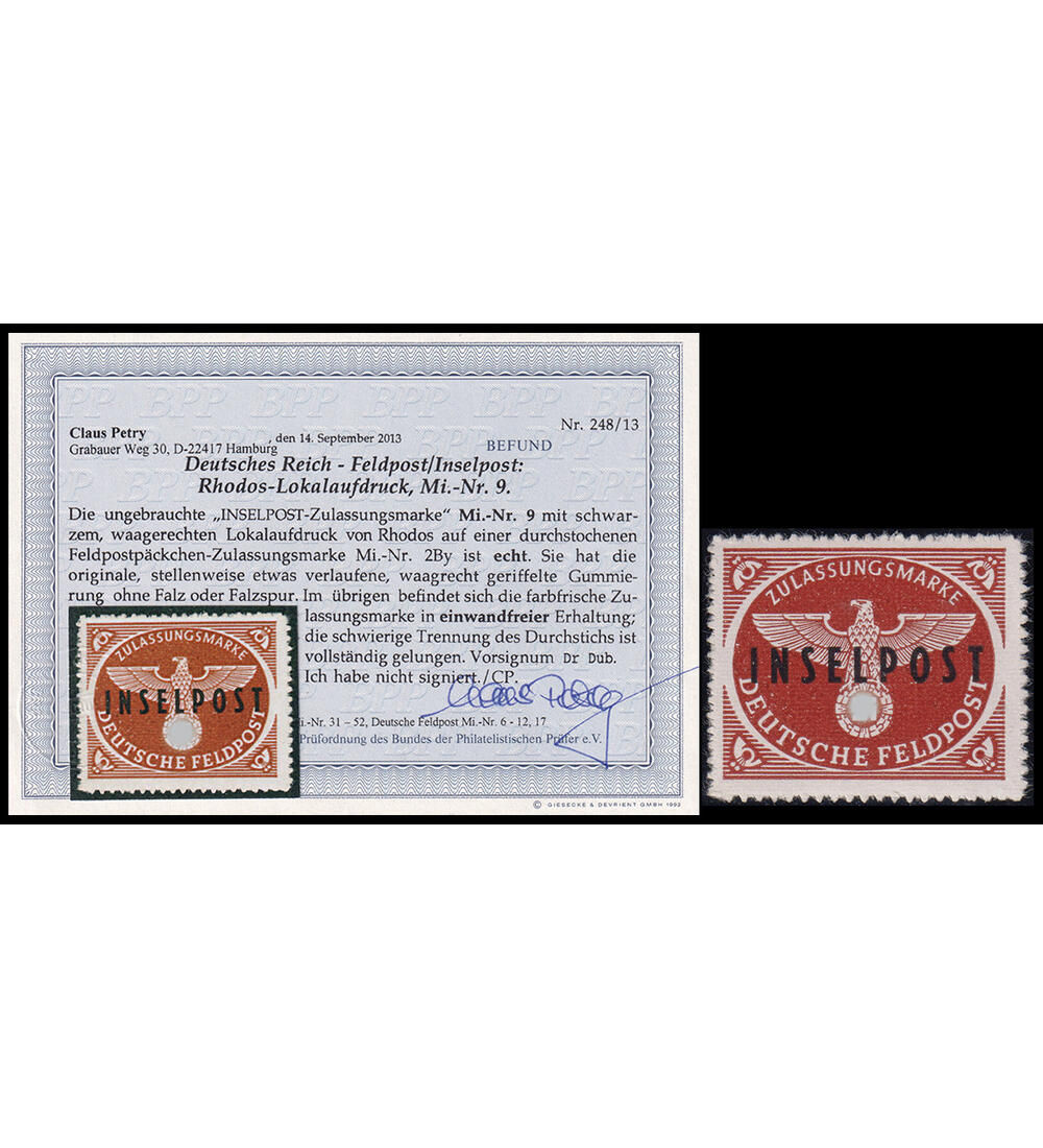 Dt. Reich Inselpost Rhodos Nr. 9 ungestempelt mit Farbfotobefund Petry