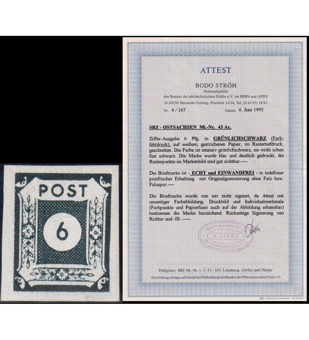 SBZ Nr. 43 A c postfrisch mit Farbfotoattest Str�h echt und einwandfrei