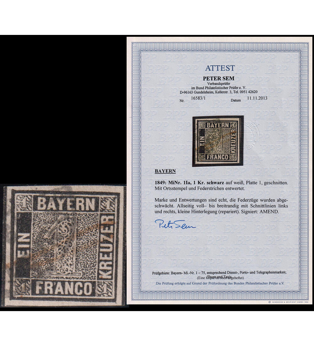 Bayern Nr. 1 gestempelt mit Farbfotoattest Sem Bayern Einser