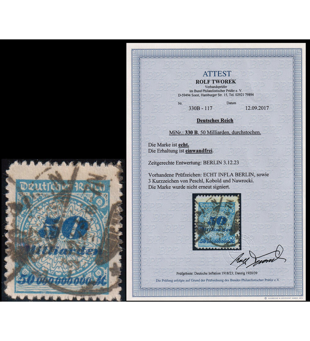 Deutsches Reich 50 Milliarden Nr. 330 B gestempelt mit Farbfotoattest