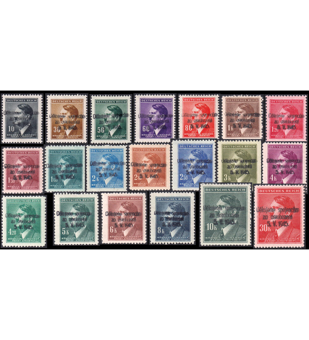 Deutsche Besetzung Notausgabe Budweis, 21 postfrische Werte mit 3-zeiligem Aufdruck