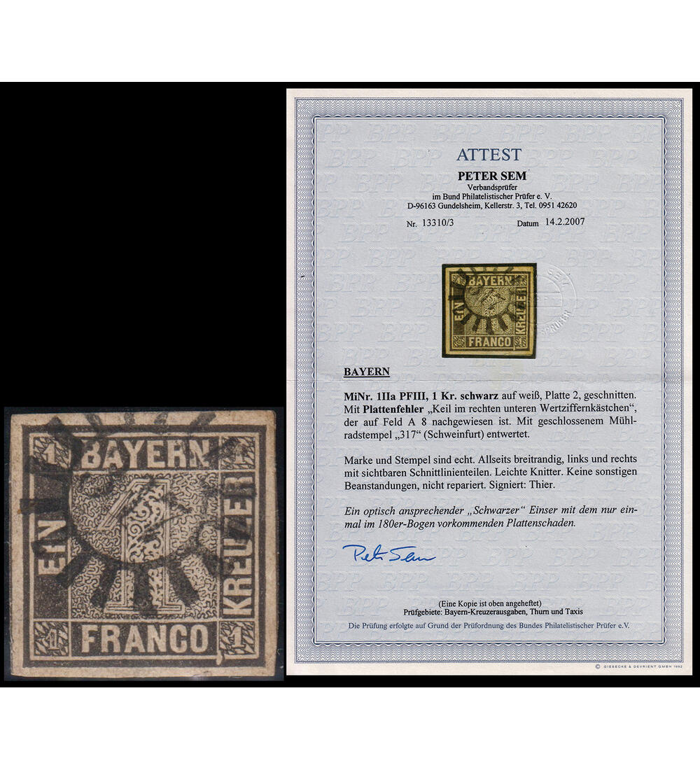 Bayern Nr. 1 mit Plattenfehler Nr. 1 II a PF III gestempelt mit Farbfotoattest Sem