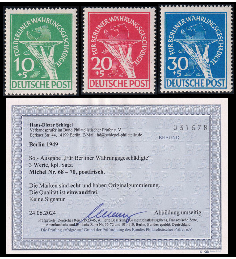 Berlin W�hrungsgesch�digte Nr. 68-70 postfrisch mit Farbfotobefund Schlegel