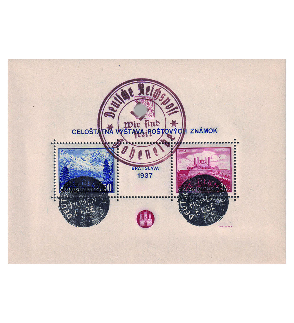 CSSR Block 4 mit Abstempelung Deutsche Reischpost Hohen- elbe - Wir sind frei