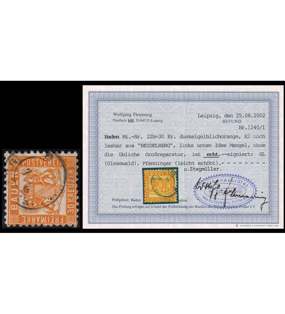 Baden 30 Kreuzer Nr. 22 b gestempelt mit Farbfotobefund Flemming