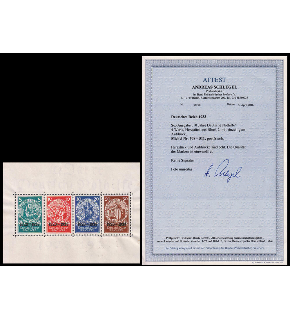 Dt. Reich Blockausschnitt Nr. 508-511 postfrisch mit Farbfotoattest Schlegel