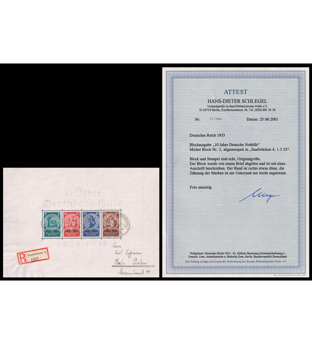 Deutsches Reich Block 2 gestempelt mit Farbfotoattest Nothilfe 1933