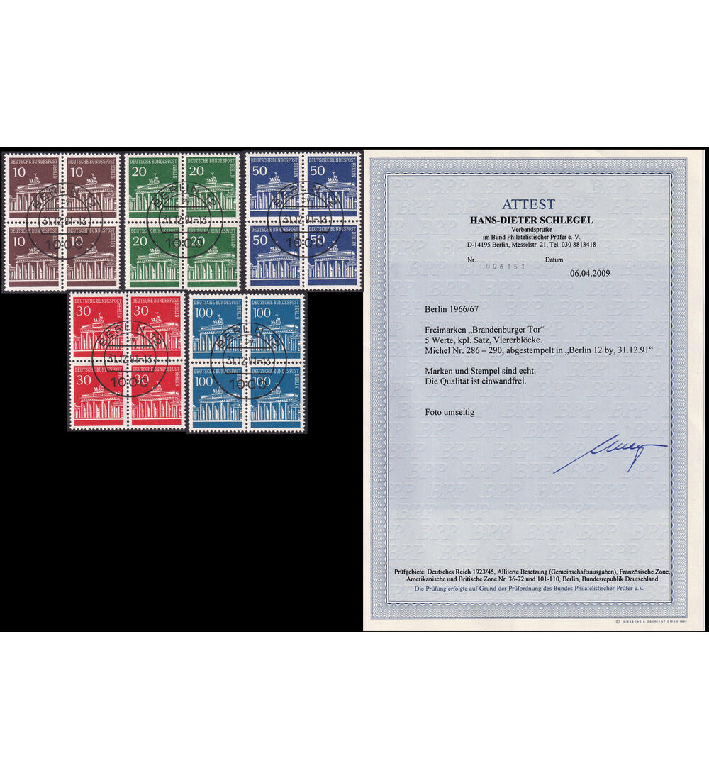 Berlin-Viererbl�cke mit Attest Nr. 286-290 gestempelt Brandenburger Tor