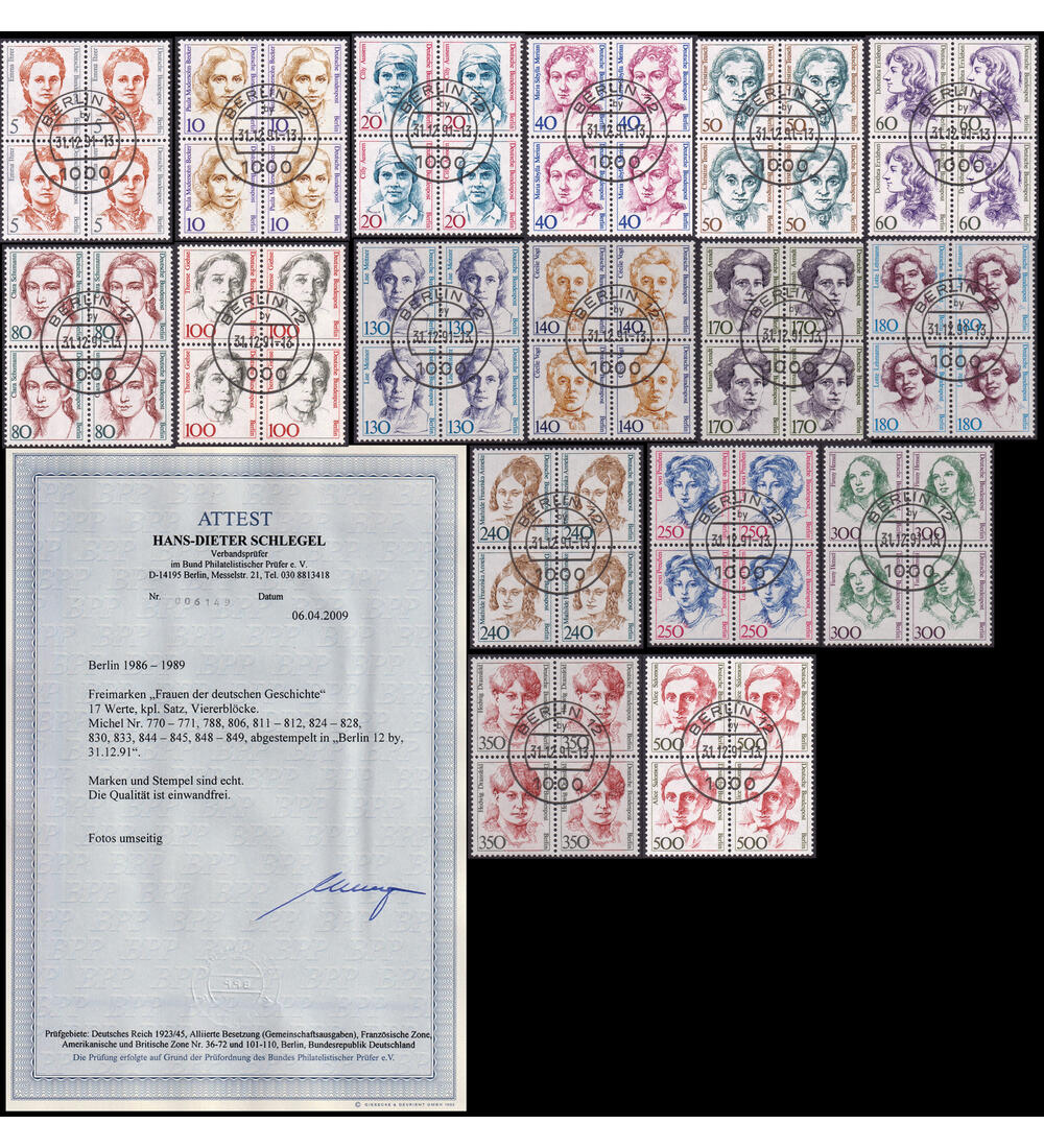 Berlin-Viererbl�cke mit Attest ex Nr. 770-849 gestempelt Frauen der dt. Geschichte