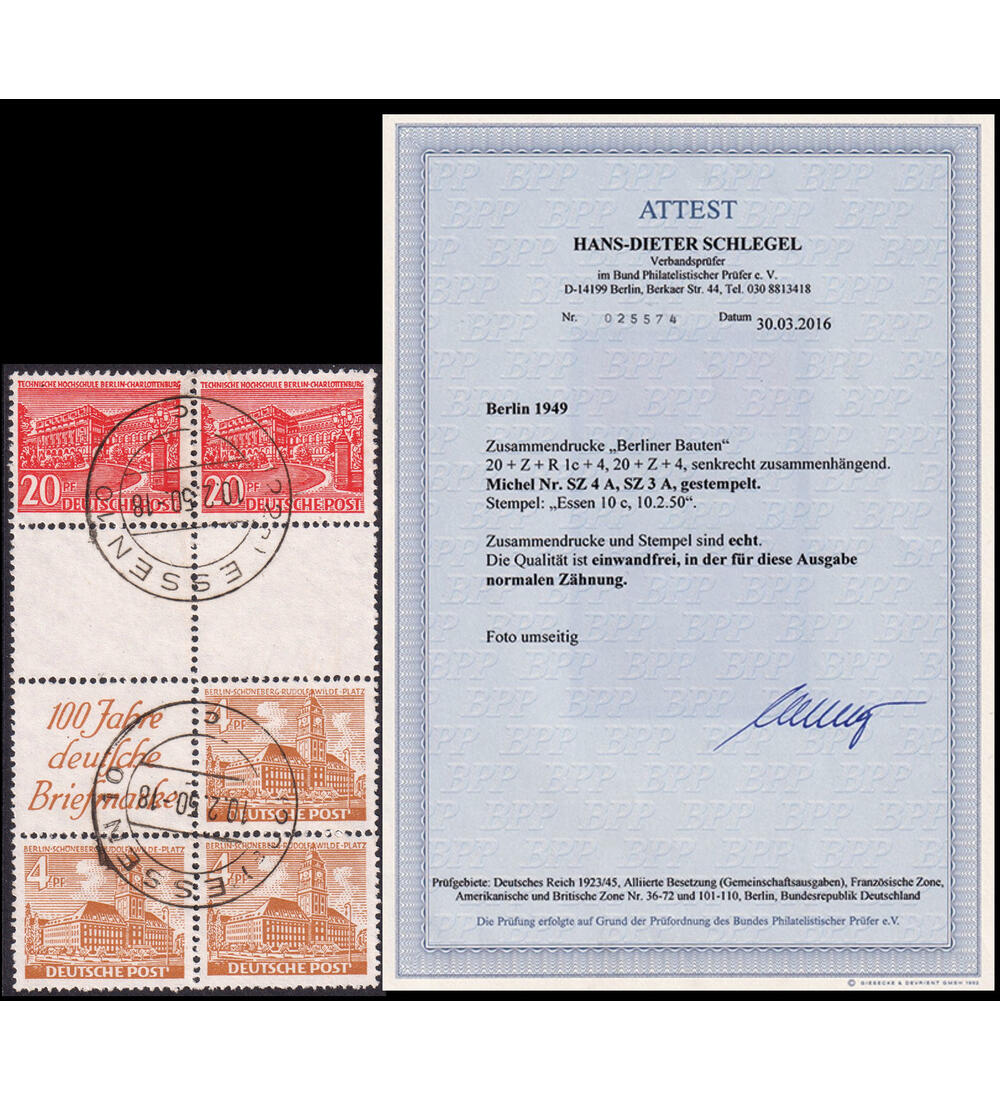 Berlin - Zusammendruck SZ 4 A + SZ 3 A gestempelt mit Farbfotoattest Schlegel