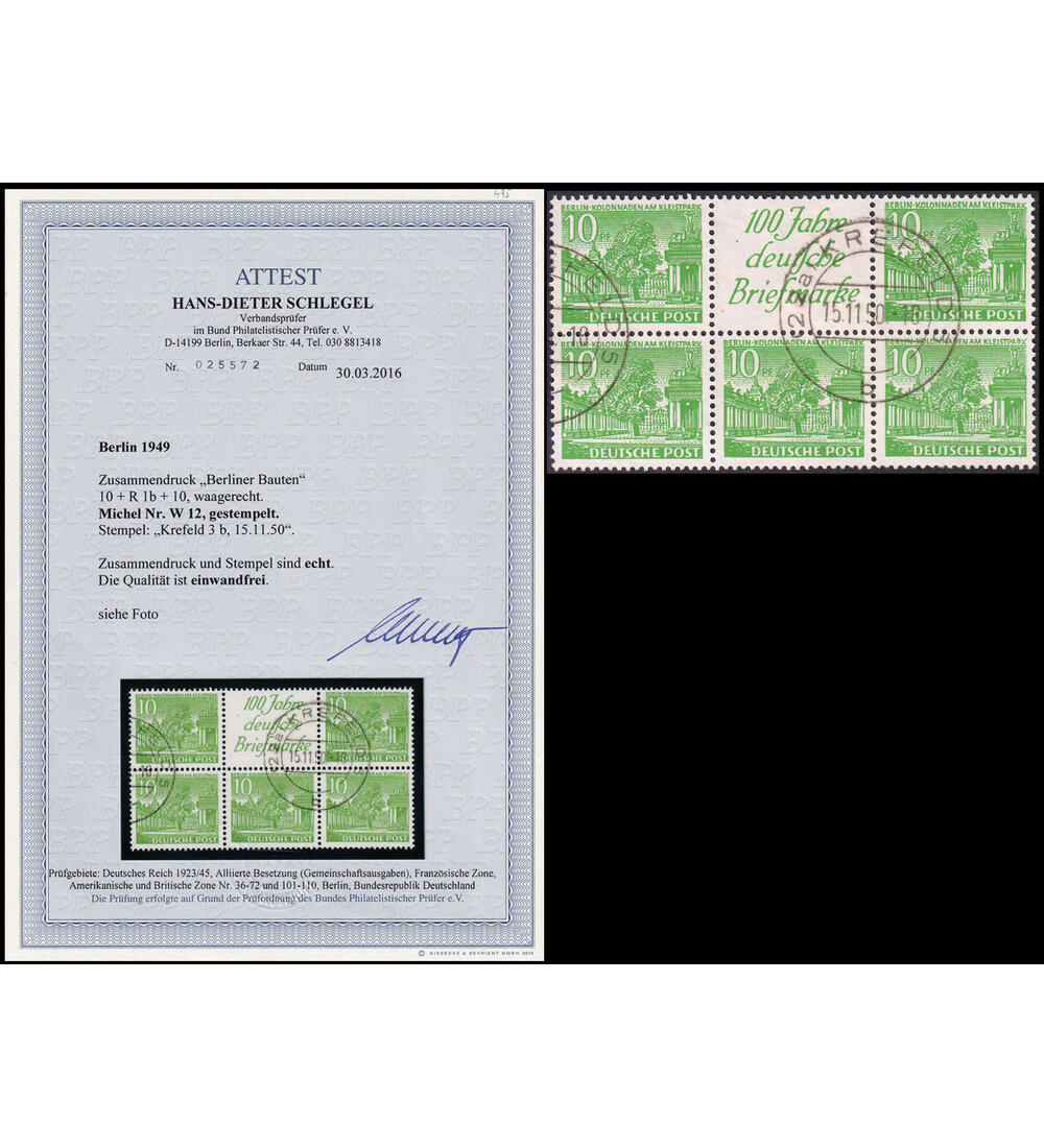 Berlin - Zusammendruck W 12 gestempelt mit Farbfotoattest Schlegel