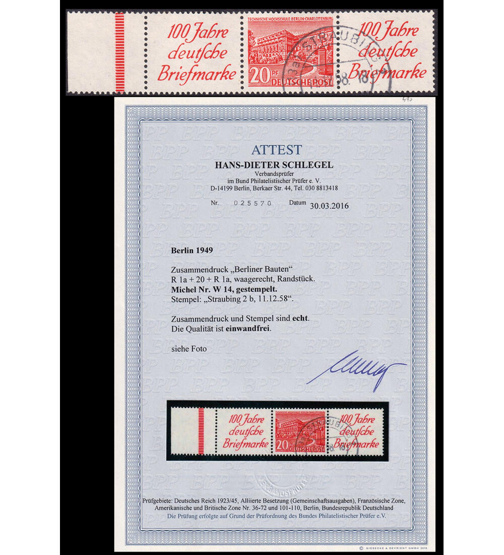 Berlin - Zusammendruck W 14 gestempelt mit Farbfotoattest Schlegel