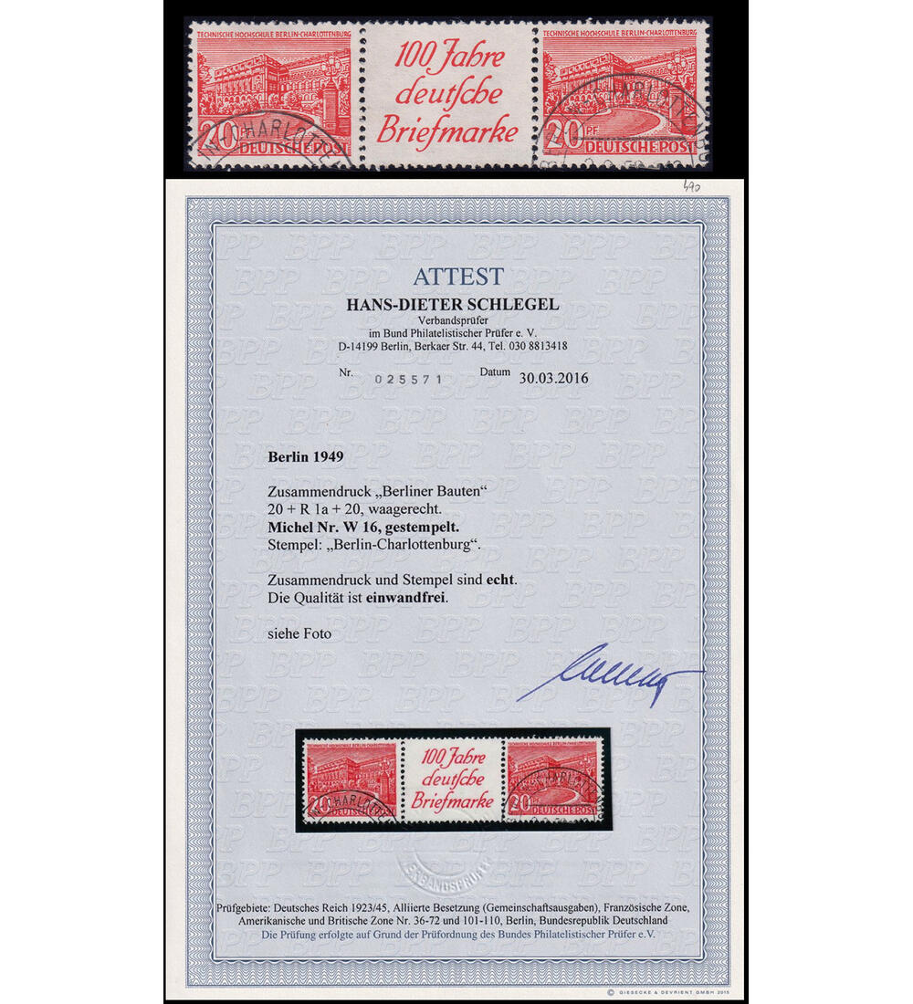 Berlin - Zusammendruck W 16 gestempelt mit Farbfotoattest Schlegel