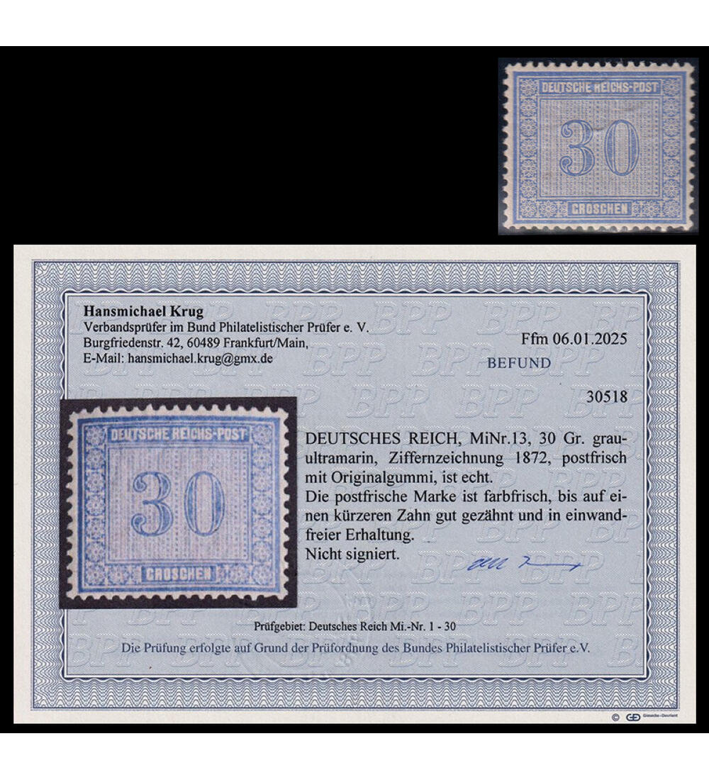 Deutsches Reich 30 Groschen Nr. 13 postfrisch mit Originalgummi