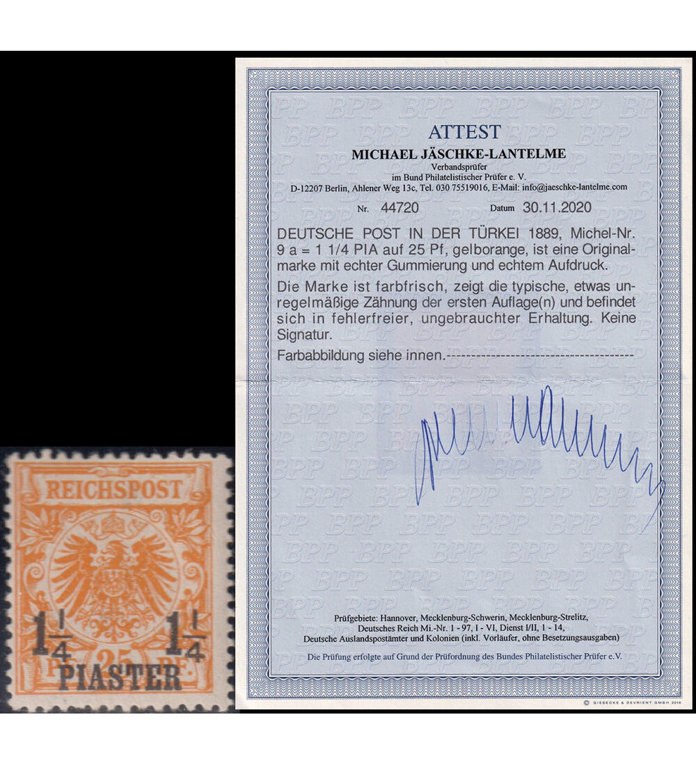 Deutsche Post in der T�rkei Nr. 9 a ungestempelt mit Farbfotoattest J�schke-Lantelme