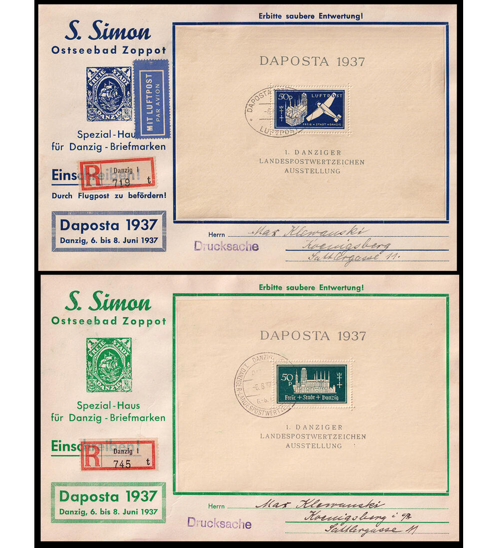 Danzig Block-Briefe Block 1-2 je auf Einschreibe- Sonderumschlag DAPOSTA 1937