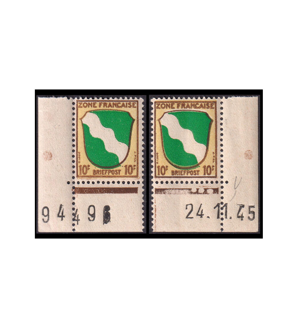 Franz�ische Zone Ecken Nr. 5  je 1 postfrisches Eckrandst�ck mit Druckdatum + Bogennummer