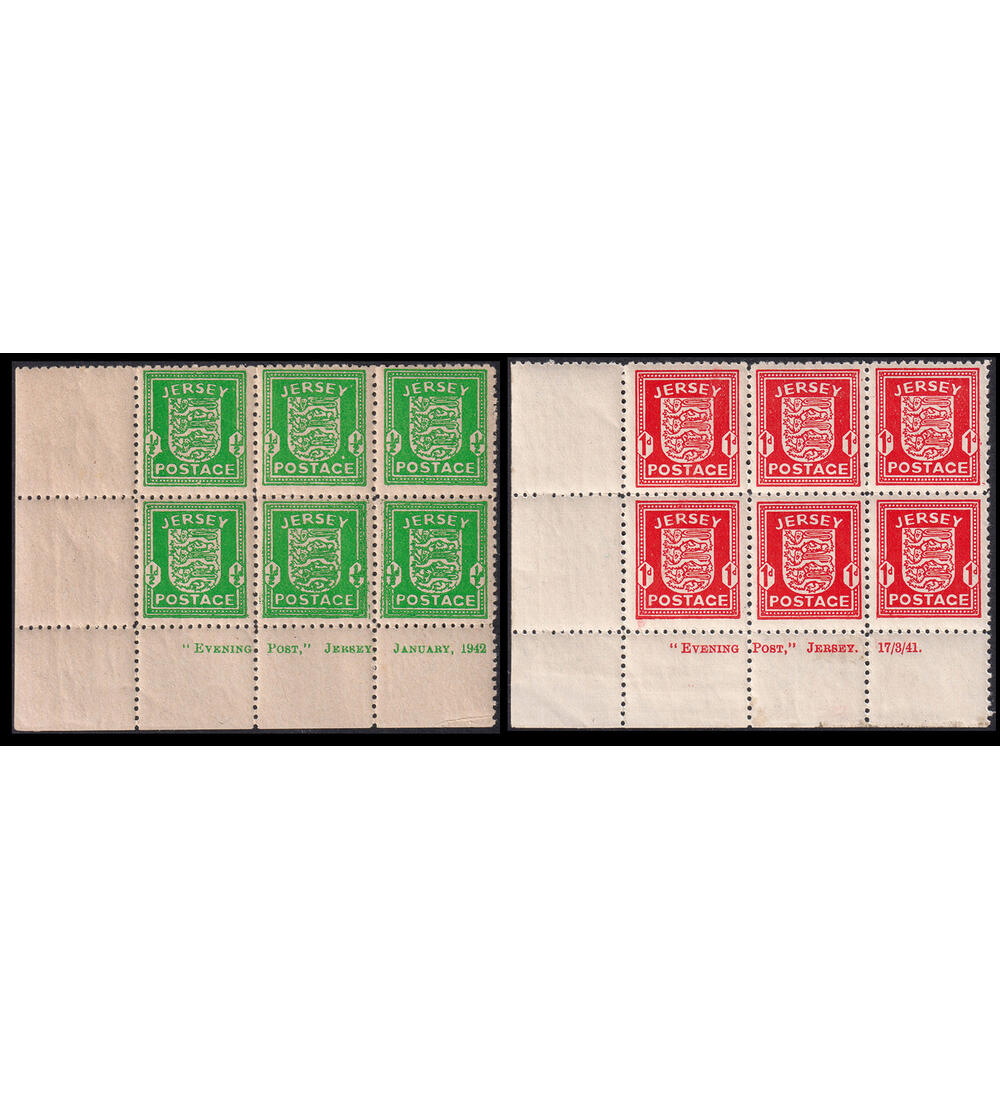 Deutsche Besetzung Jersey Nr. 1-2 postfrische 6er-Bl�cke mit Druckerzeichen