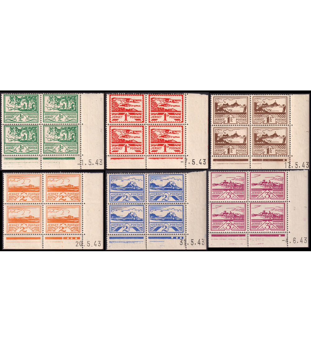 Deutsche Besetzung Jersey Nr. 3-8 postfrische Eckrandviererbl�cke mit Druckdaten