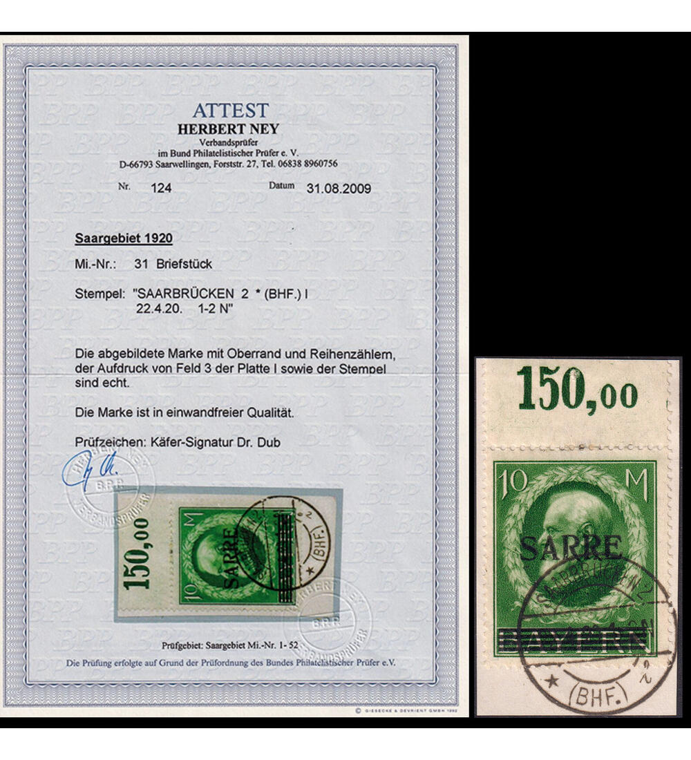 Saar - H�chstwert Nr. 31 gestempeltes Oberrandbriefst�ck mit Farbfotoattest Ney