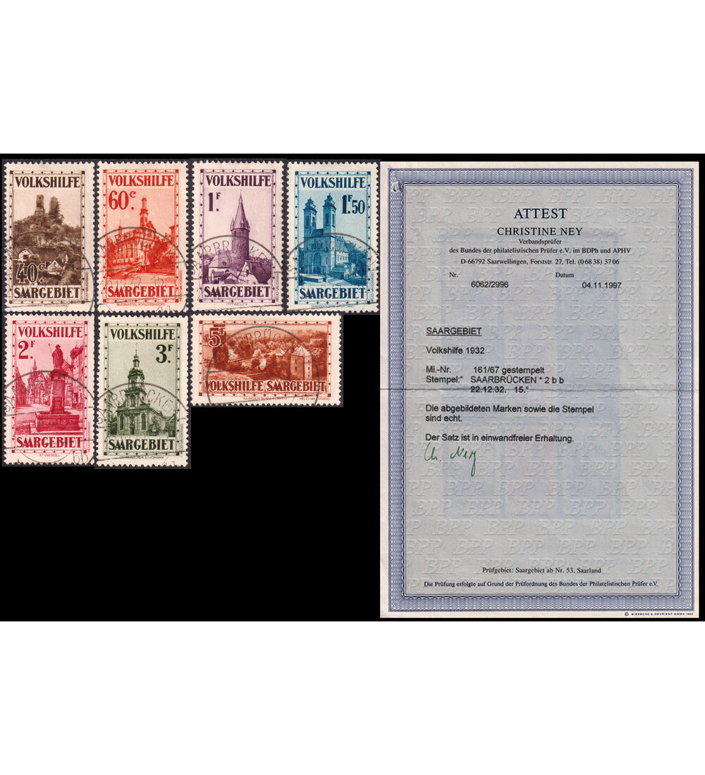 Saar Volkshilfe 1932 Nr. 161-167 rundgestempelt mit Farbfotoattest Ney