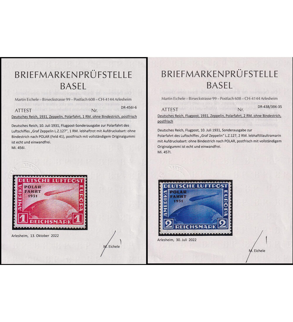 Dt. Reich Polarfahrt 1931 Nr. 456 I und 457 I postfrisch mit Farbfotoattest