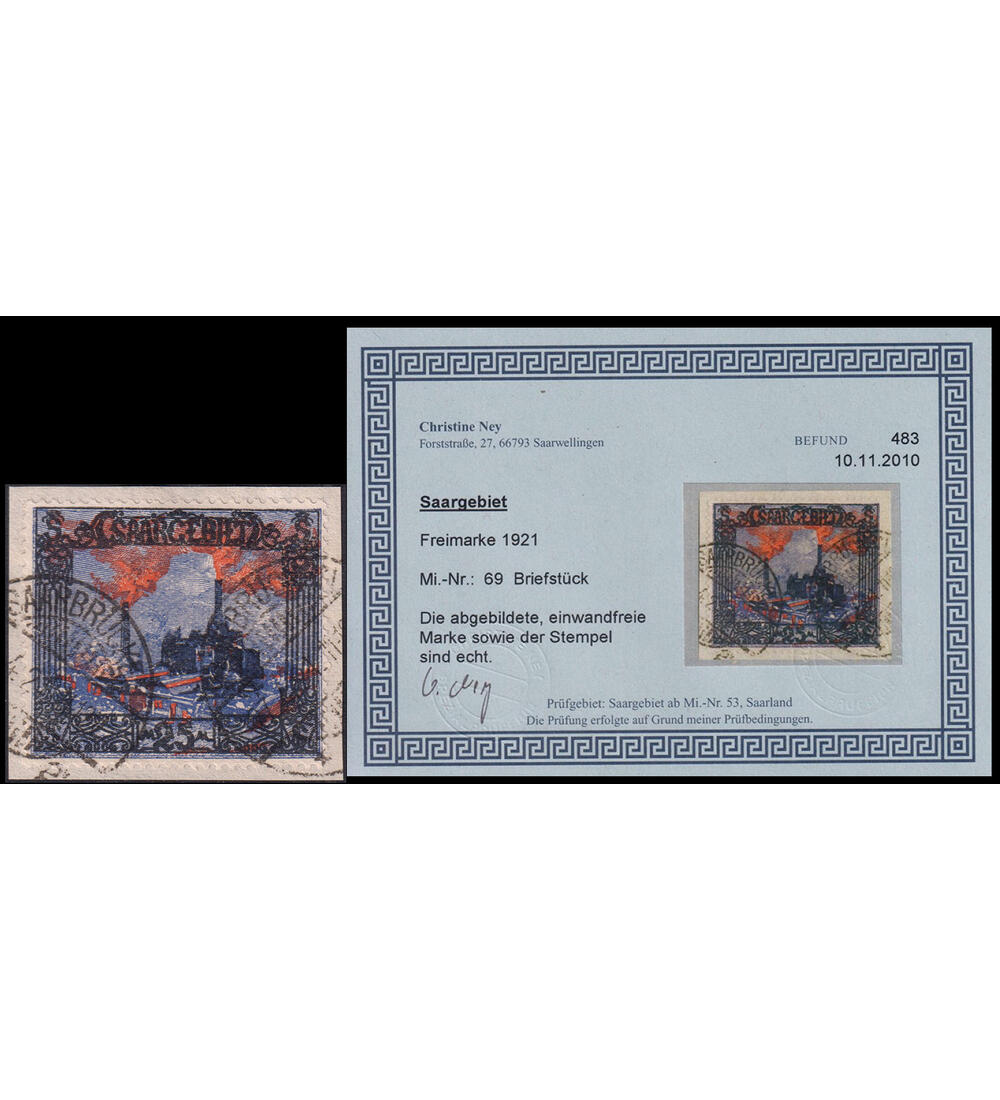 Saar Nr. 69 Briefst�ck mit Farbfotobefund Landschaftsbilder 1921