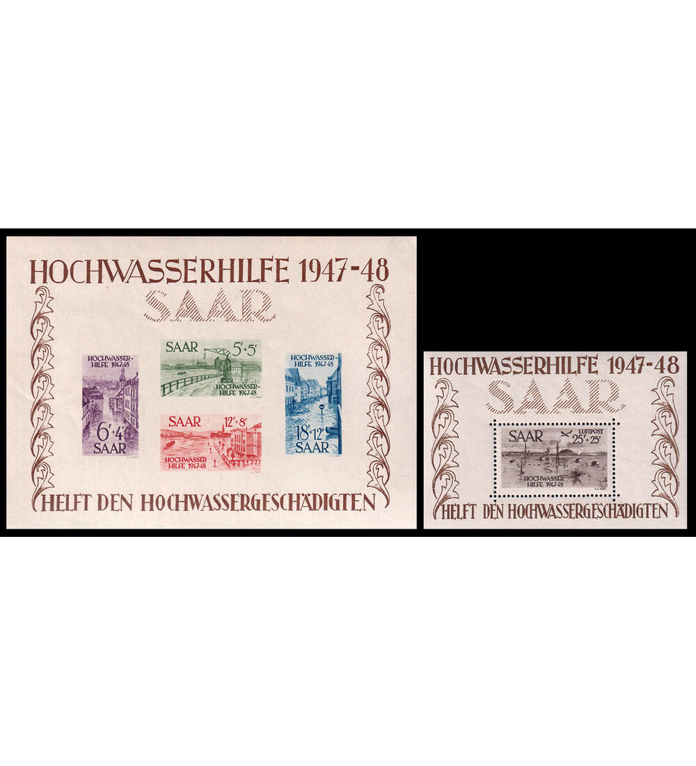 Saar Hochwasser-Blockpaar Block 1 +2 postfrisch mit etwas unfrischer Gummierung