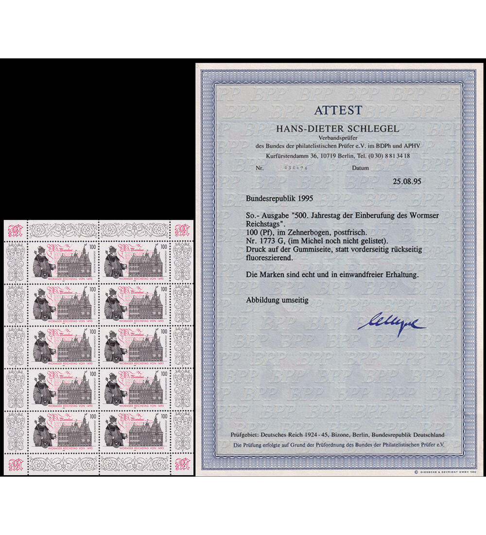 BRD Gummidruck Nr. 1773 postfrischer Kleinbogen Wormser Reichstag