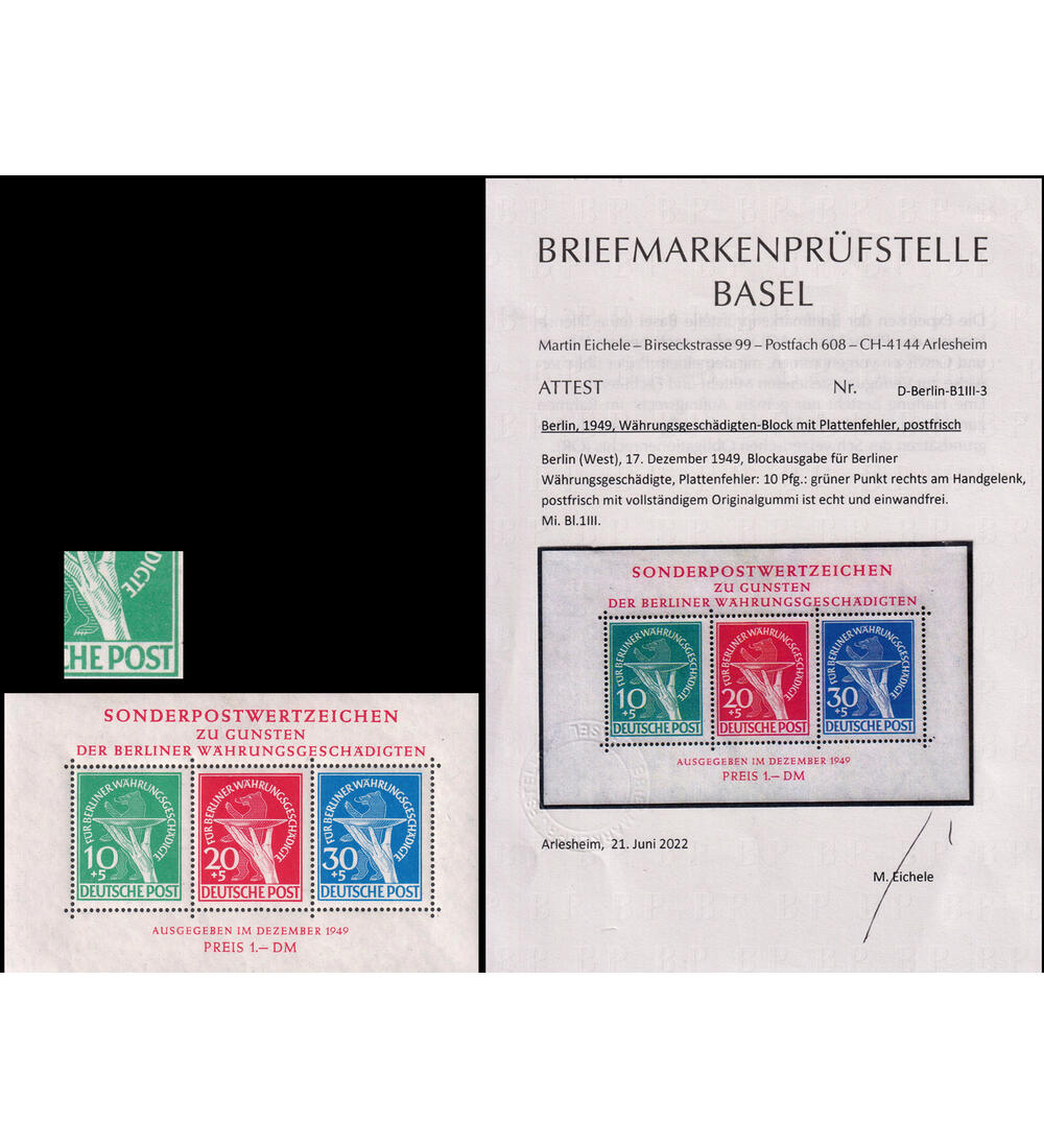 Berlin Block 1 III postfrisch mit Farbfotoattest W�hrungsgesch�digten-Block
