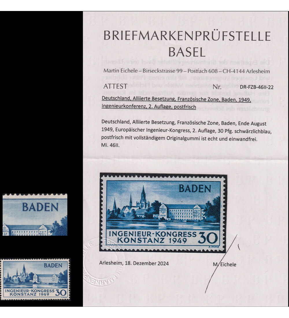 Frz. Zone Baden Nr. 46 III postfrisch mit Farbfotoattest Konstanz 1949