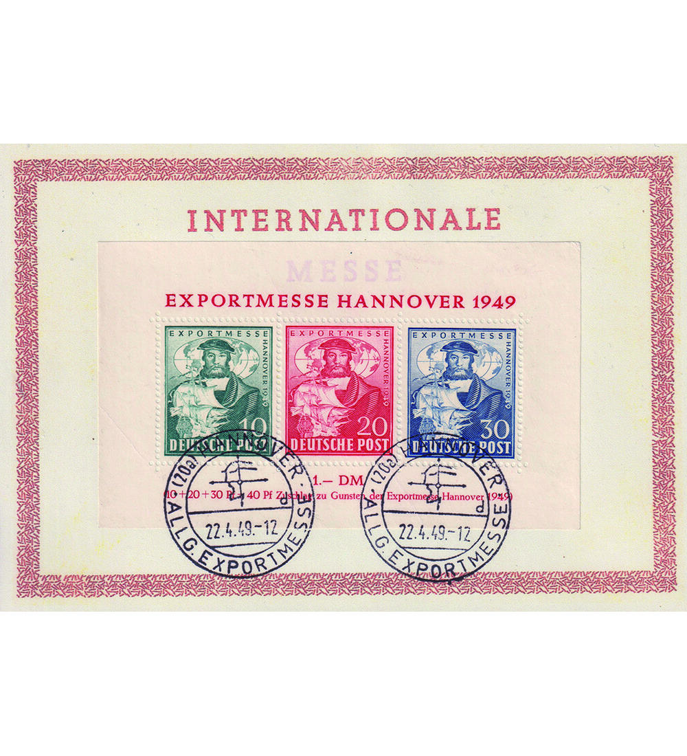 Alliierte Besetzung Block 1 auf Messekarte mit Ersttags- Sonderstempel