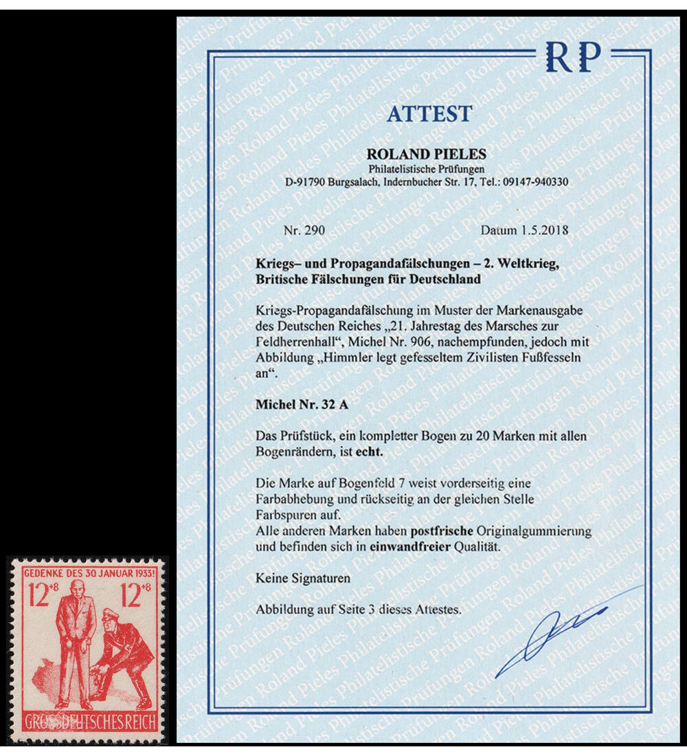 Dt. Reich Propaganda 1945 Nr. 32 A mit Farbfotoattest echt und einwandfrei