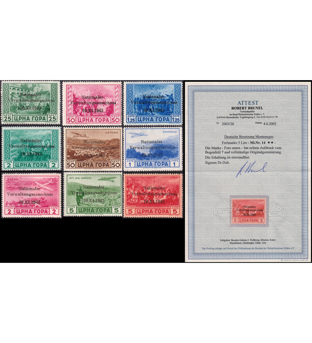 Deutsche Besetzung Montenegro Nr. 10-18 postfrisch Hochwert Nr. 14 mit Farbfotoattest