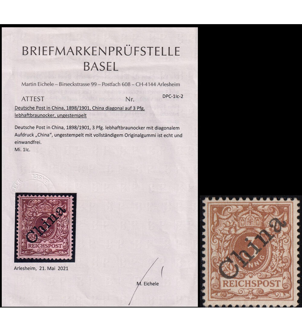 Deutsche Post in China Nr. 1 I c ungestempelt mit Farbfotoattest