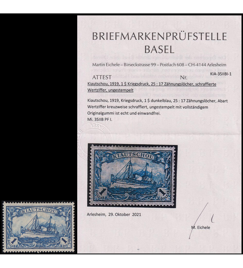 Deutsche Kolonie Kiautschou Nr. 35 II B PF I ungestempelt mit Farbfotoattest