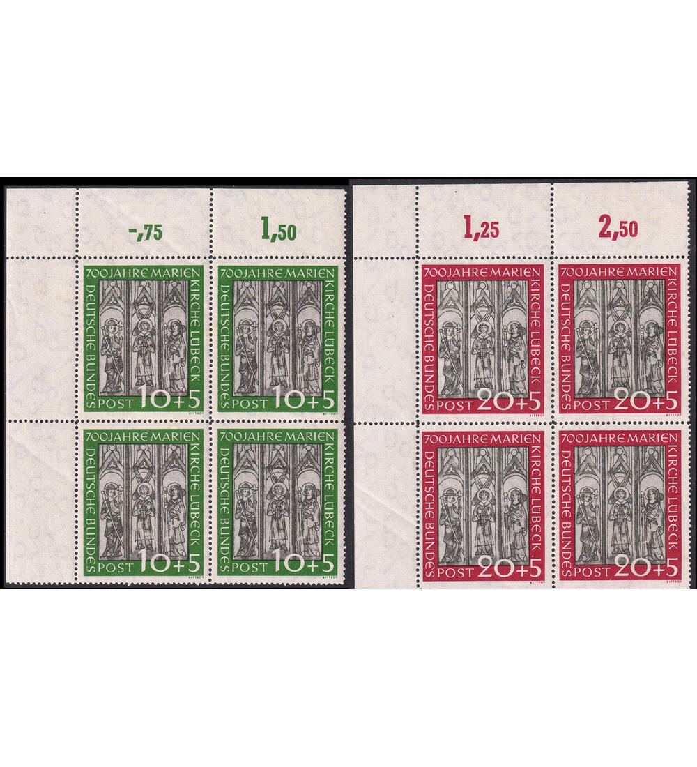 BRD L�becker Kirchenfenster Nr. 139-140 postfriche Viererbl�cke aus der Ecke oben links