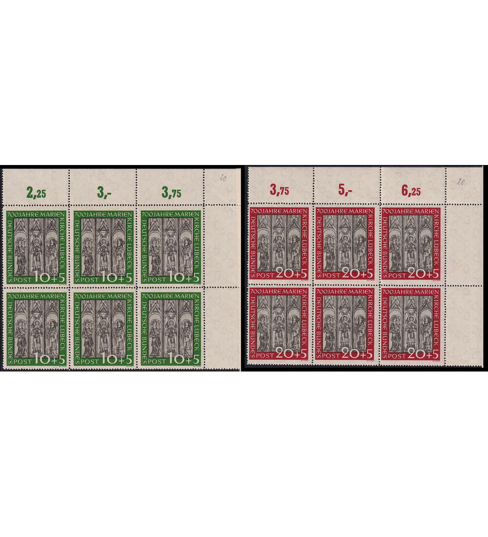 BRD L�becker Kirchenfenster Nr. 139-140 postfriche Viererbl�cke aus Ecke oben rechts