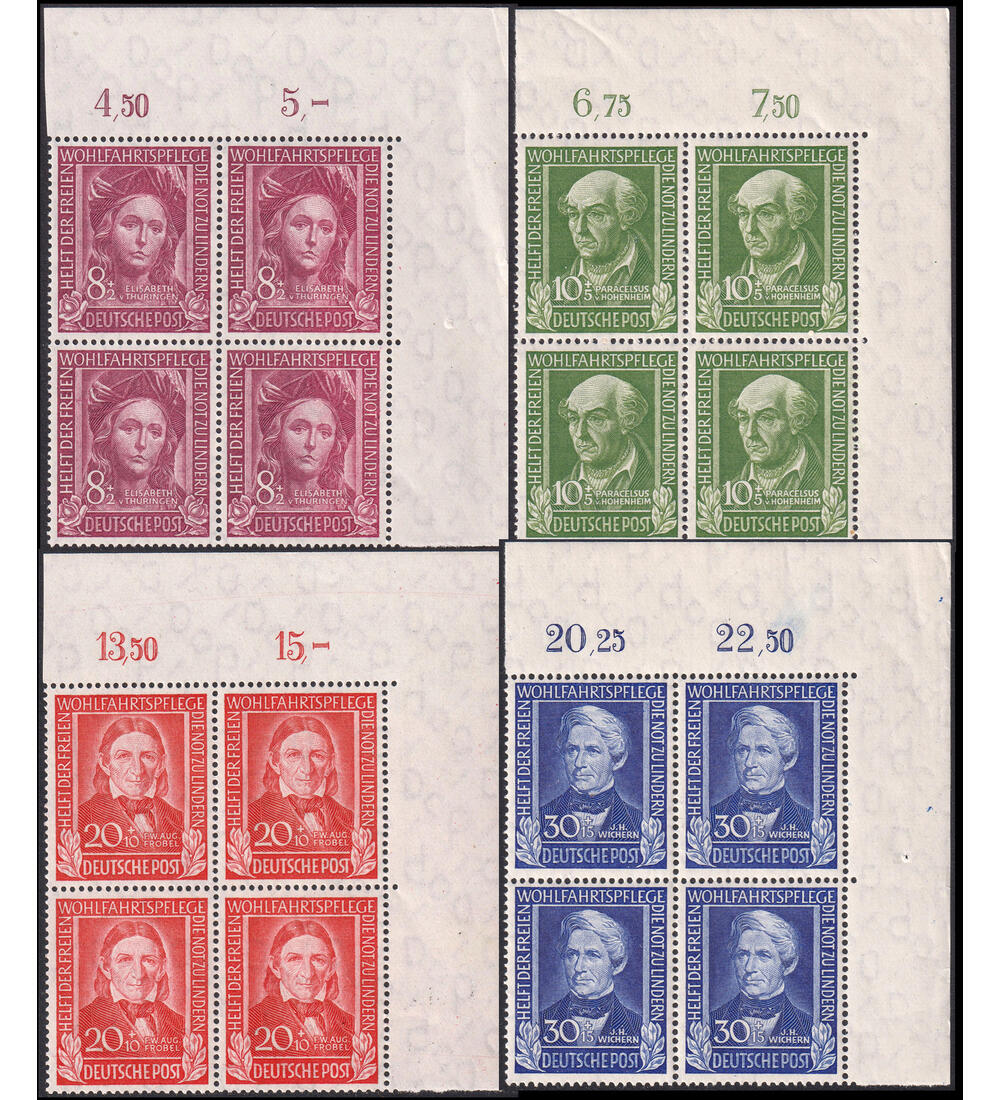 BRD Wohlfahrt 1949 Nr. 117-120 postfrische Viererbl�cke aus Ecke oben rechts