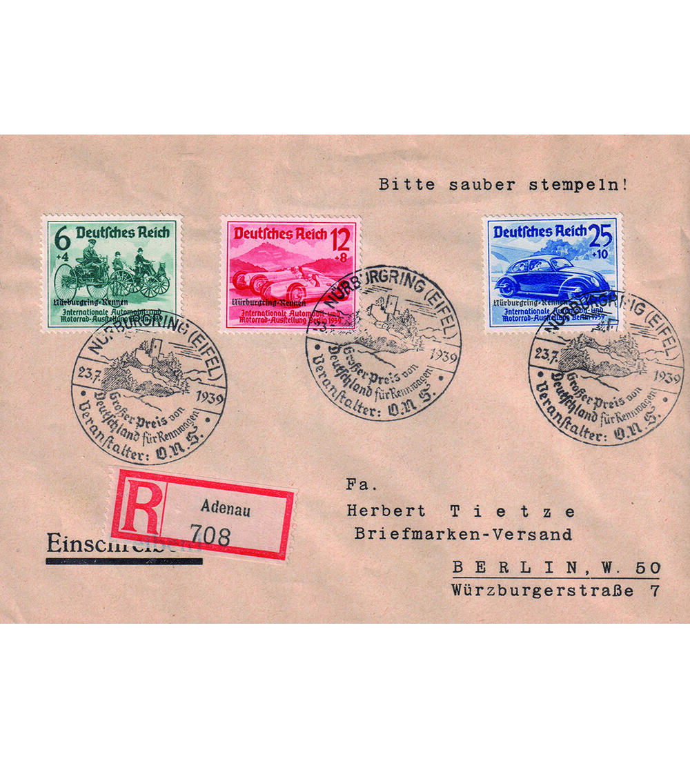 Deutsches Reich N�rburgring Nr. 695-697 auf dekorativem Sammler-Einschreibebrief