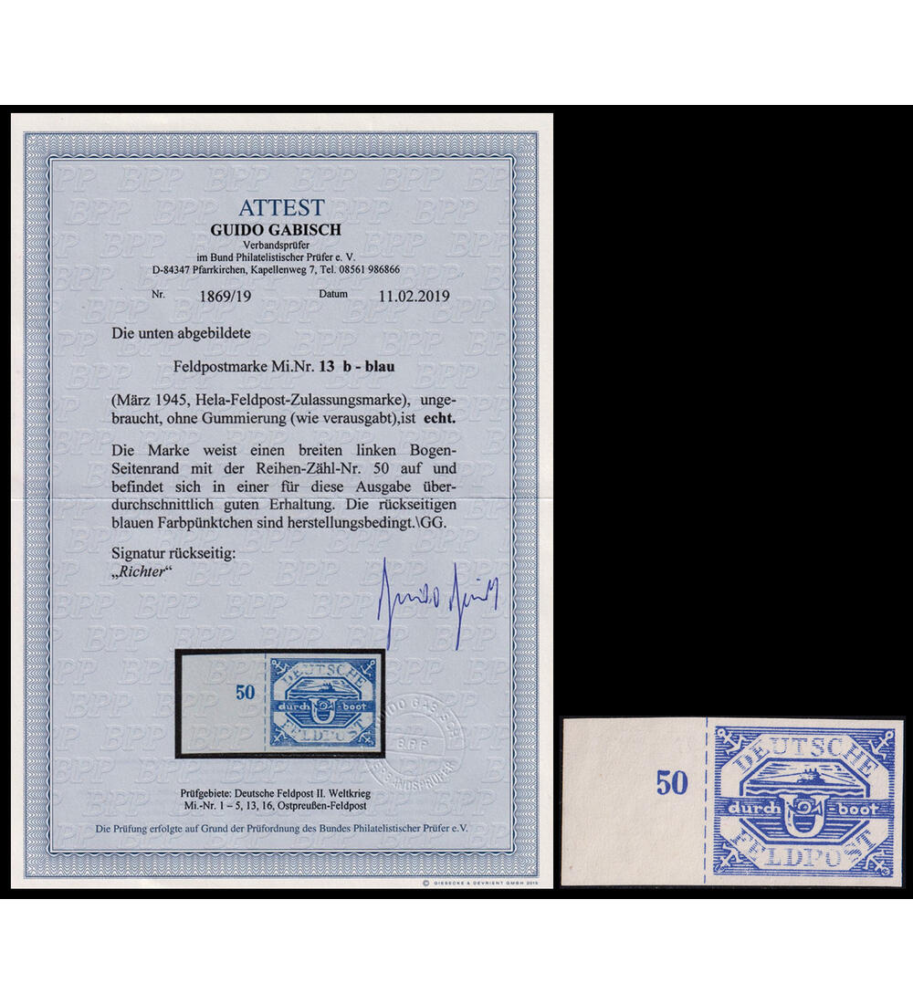 Deutsches Reich U-Boot Marke Nr. 14 ungestempelt mit Farbfotoattest Halbinsel Hela