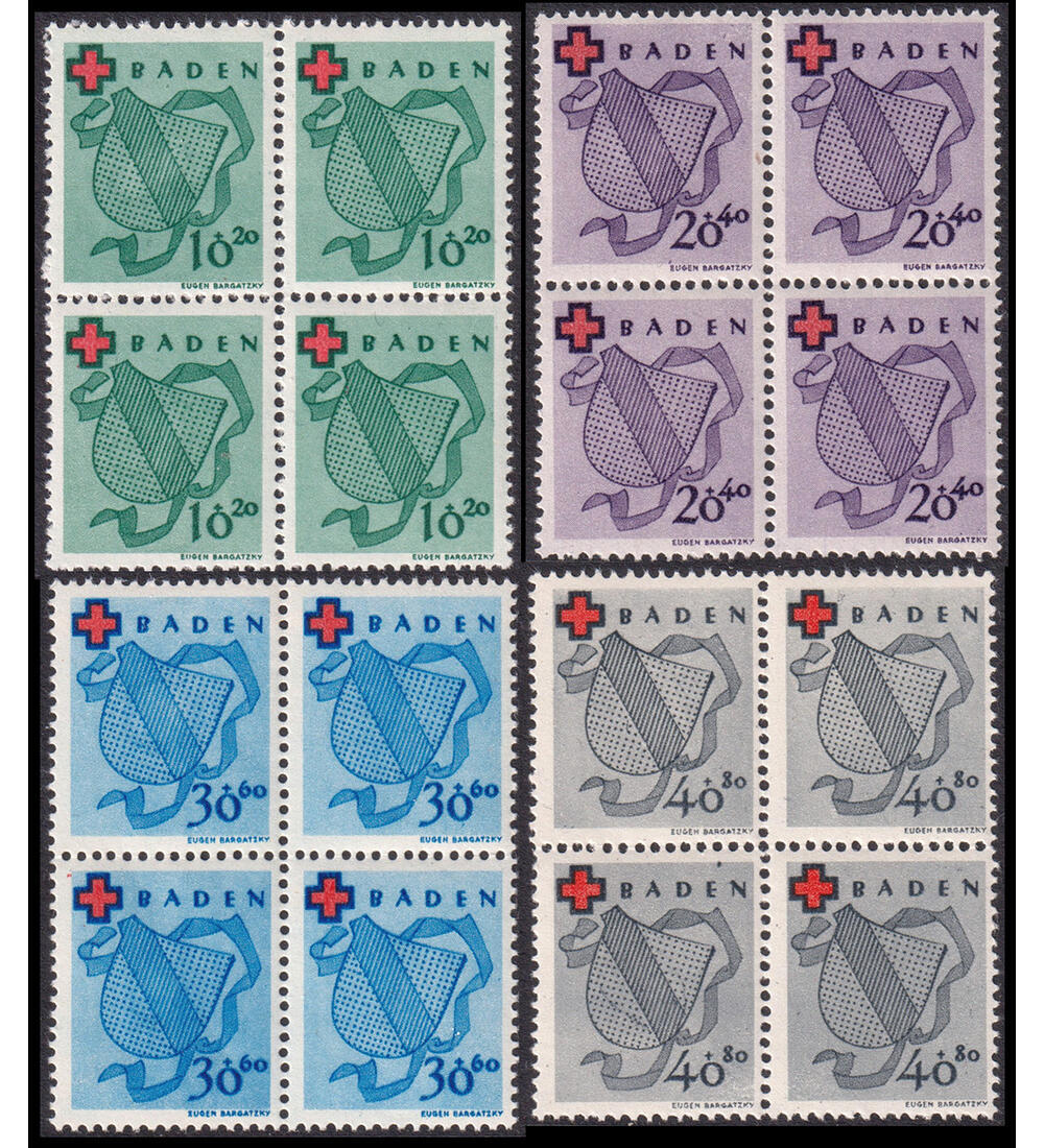 Frz. Zone Baden Nr. 42-45 postfrisch im Viererblock Rotes Kreuz 1949 MW: 440.-!